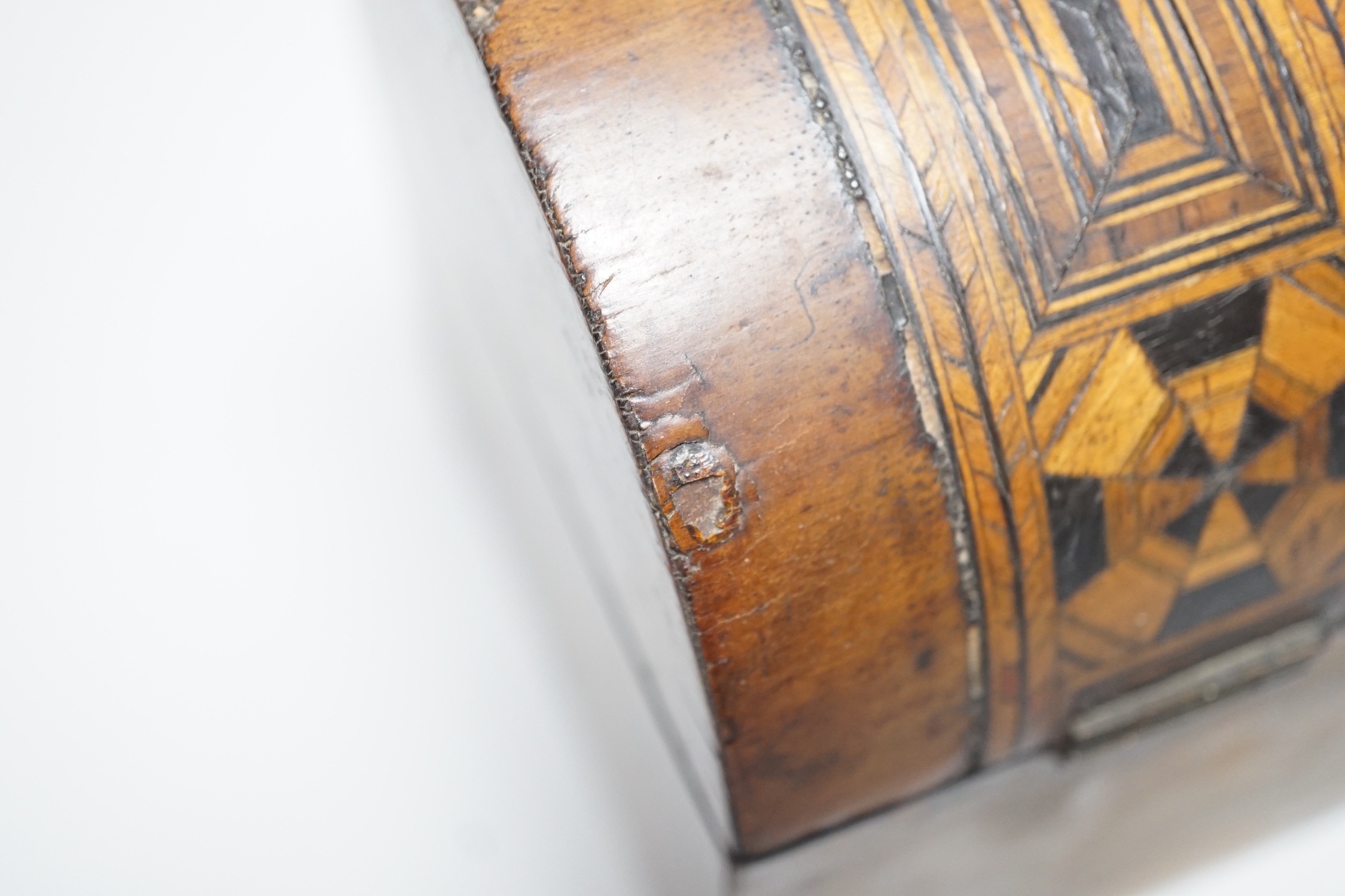 A Victorian burr walnut inset tea caddy, 20 cm wide, the lids with bone knobs